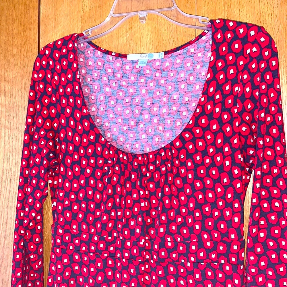 Boden size 6 viscose stretchy red navy ivory print comfort scoop neck dress